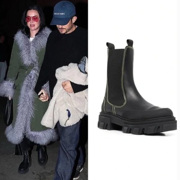 GANNI Cleated Mid Black Leather Lug Sole Chunky Pull on Chelsea Boots Size 12 - Picture 16 of 16